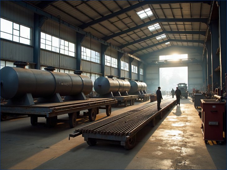 Vessels and steel sections inside the ENE Fluidtek fabrication shed at Narendrapur