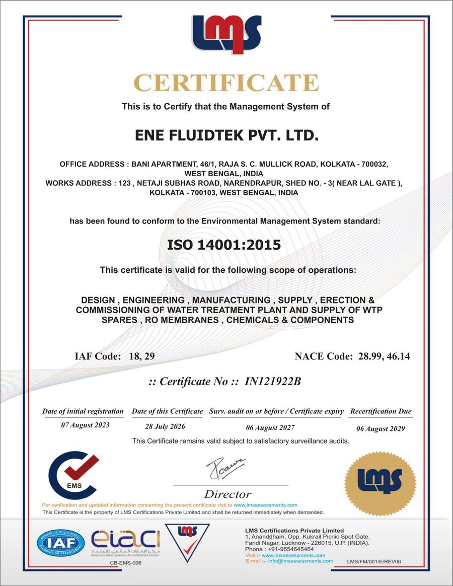 ISO 14001 Environmental Management System certificate for ENE Fluidtek Pvt. Ltd.