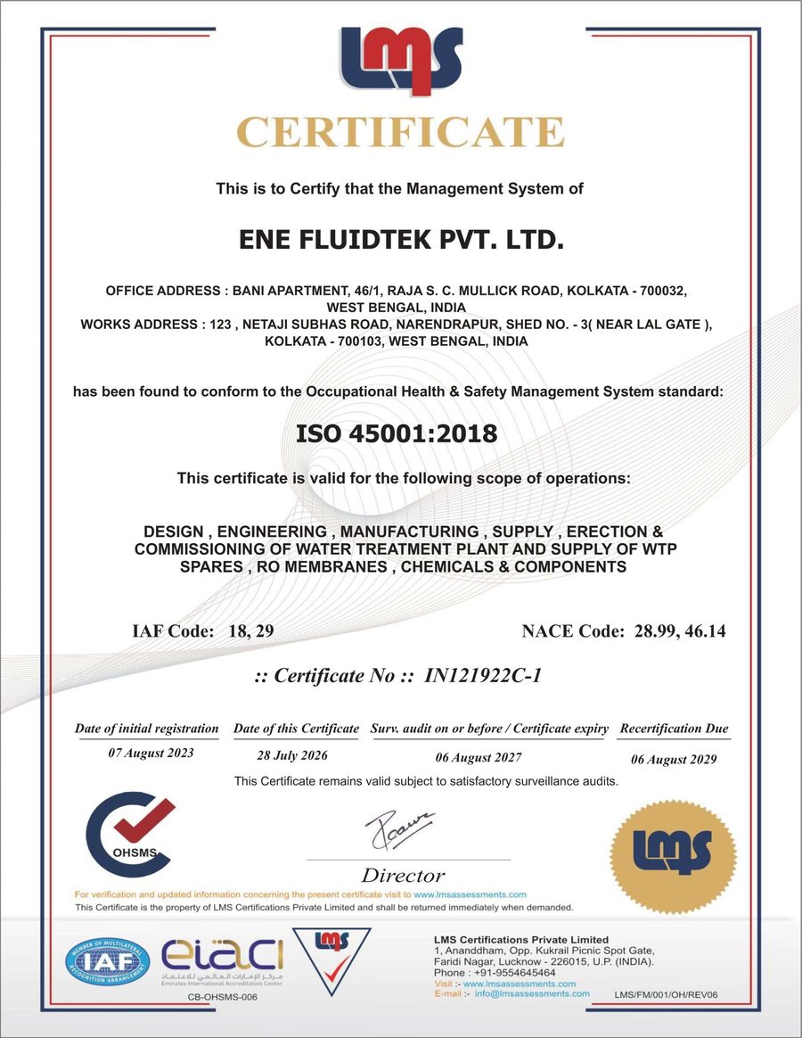 ISO 45001 Occupational Health and Safety Management System certificate for ENE Fluidtek Pvt. Ltd.