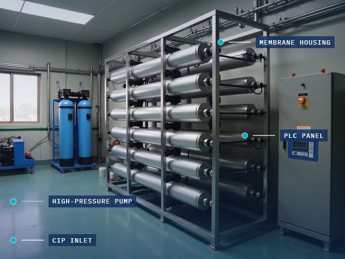 Reverse osmosis skid with membrane housings, high-pressure pump, PLC panel and CIP inlet in a plant room