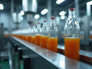 Juice bottles moving along a bottling line