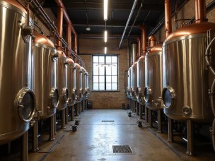 Copper brewing vessels in a brewery