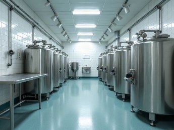 Dairy processing hall with stainless tanks