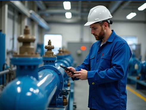 Service engineer checking a pressure vessel on site