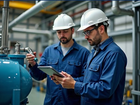 Two engineers reviewing plant data on a tablet