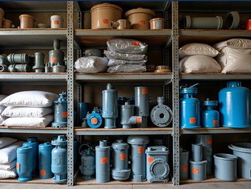 Shelves of spare pumps, filters and consumables