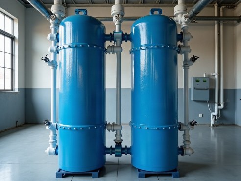 Two blue demineralisation vessels with pipework in a plant room