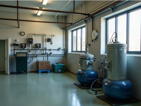 Chemical dosing skids with metering pumps in a plant room