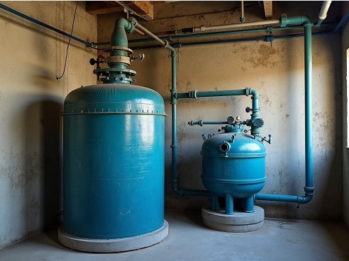 Aeration-cum-filtration iron removal unit with pipework