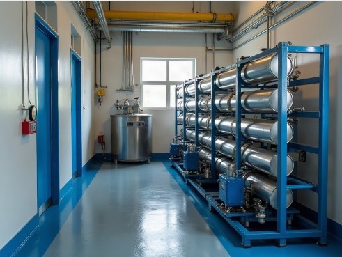 Reverse osmosis skid with stainless membrane vessels on a blue frame