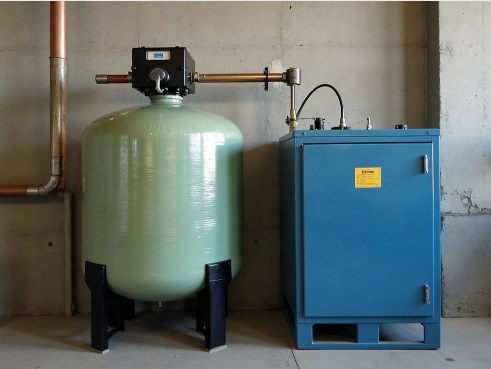 Water softener vessel beside a blue control cabinet